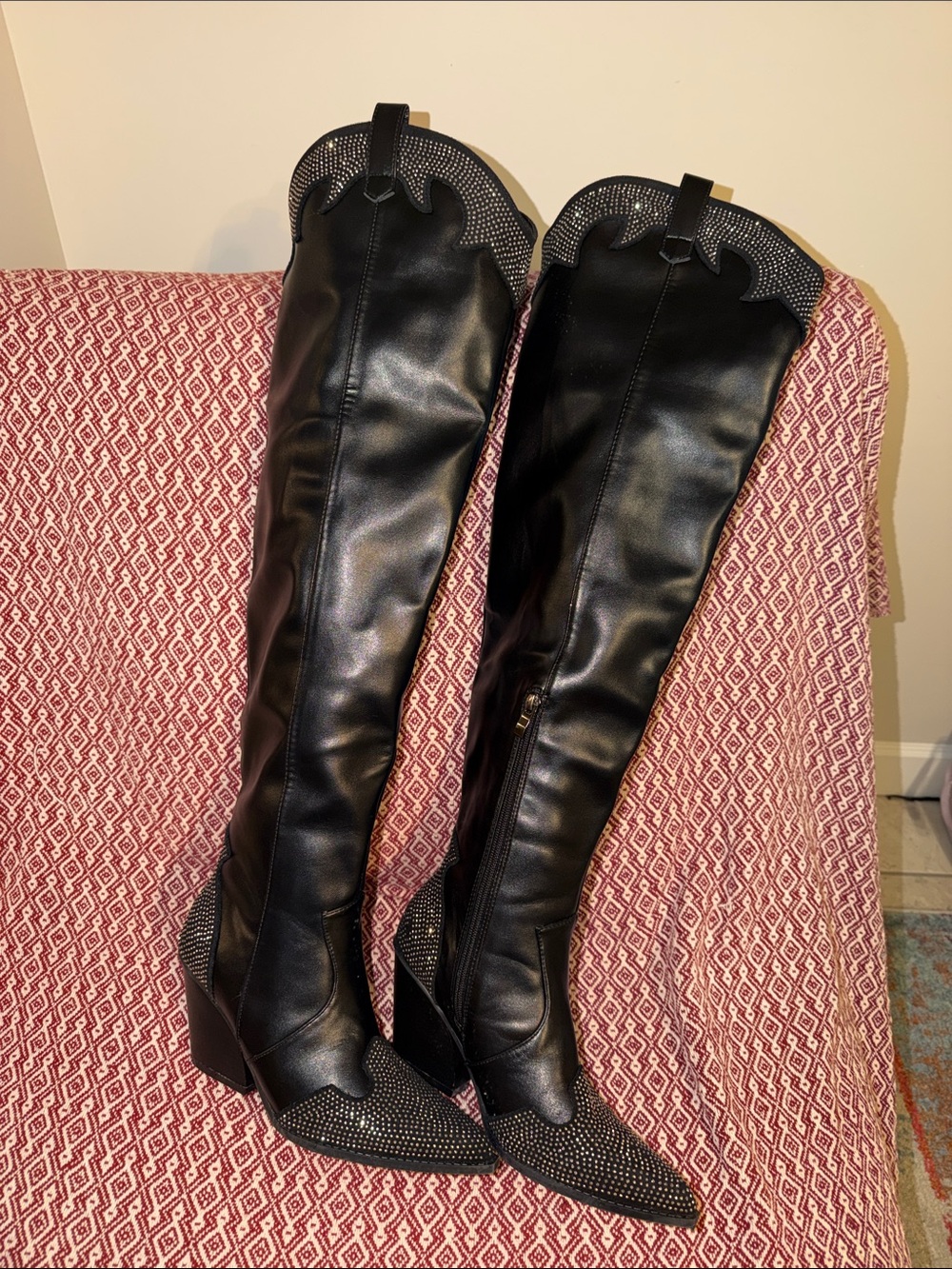Stud-Embellished Black Over-the-Knee Pointed Boots